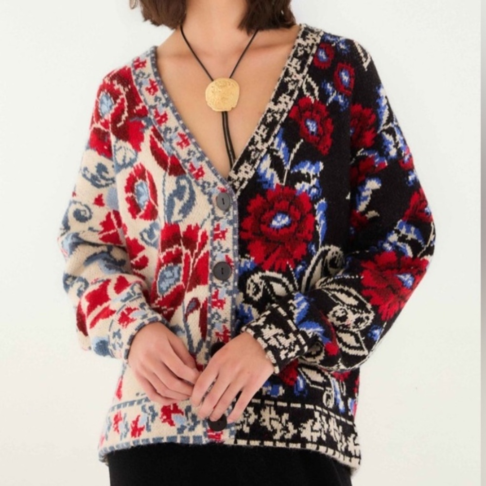 Farm Rio: Black Mixed Valentina V Neck Knit Cardigan size M Medium
